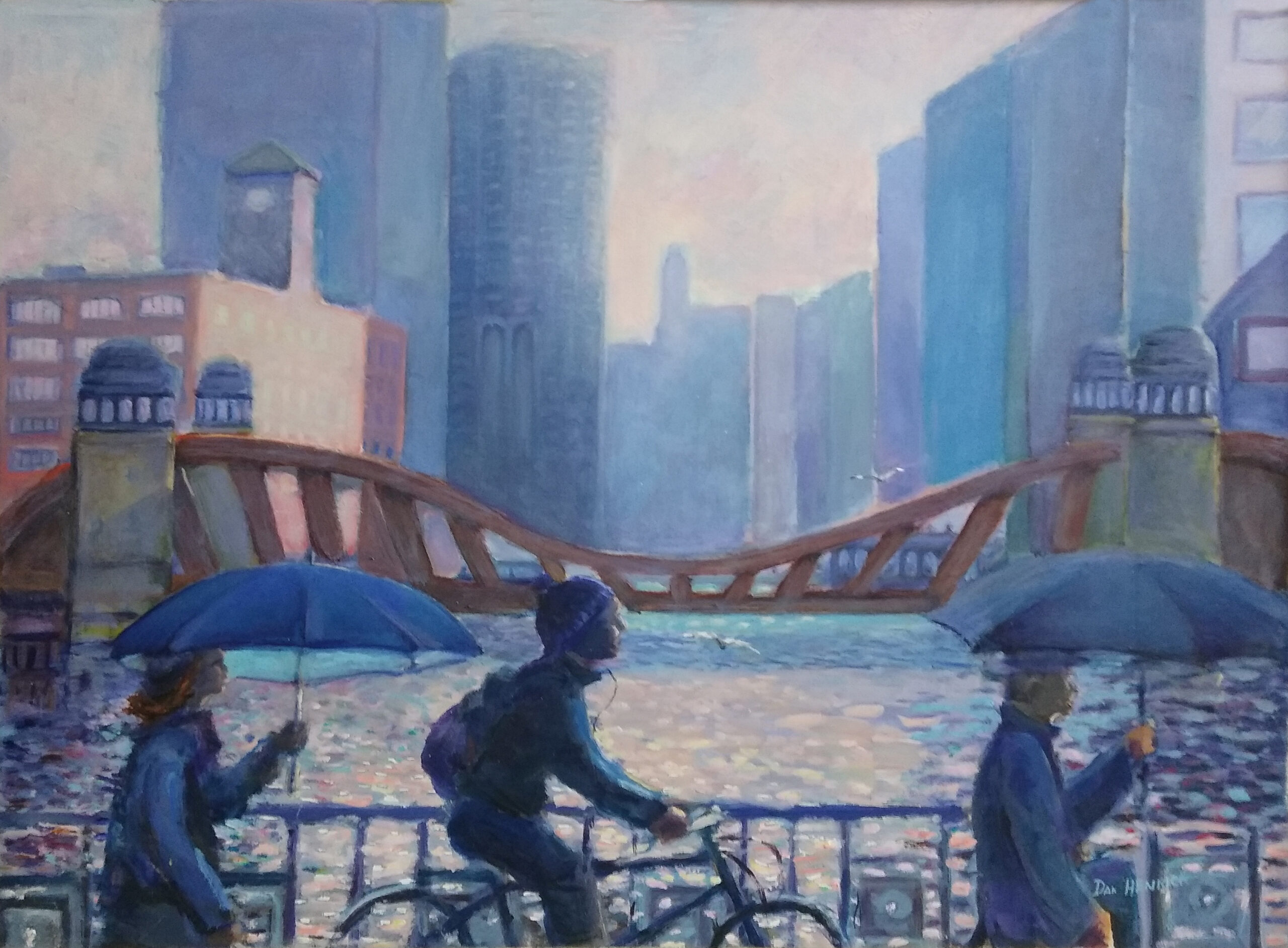 Pedestrians on the Bridge painting